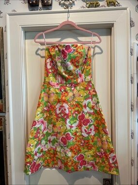 Bright Floral Strapless A-Line Dress in Green and Pink